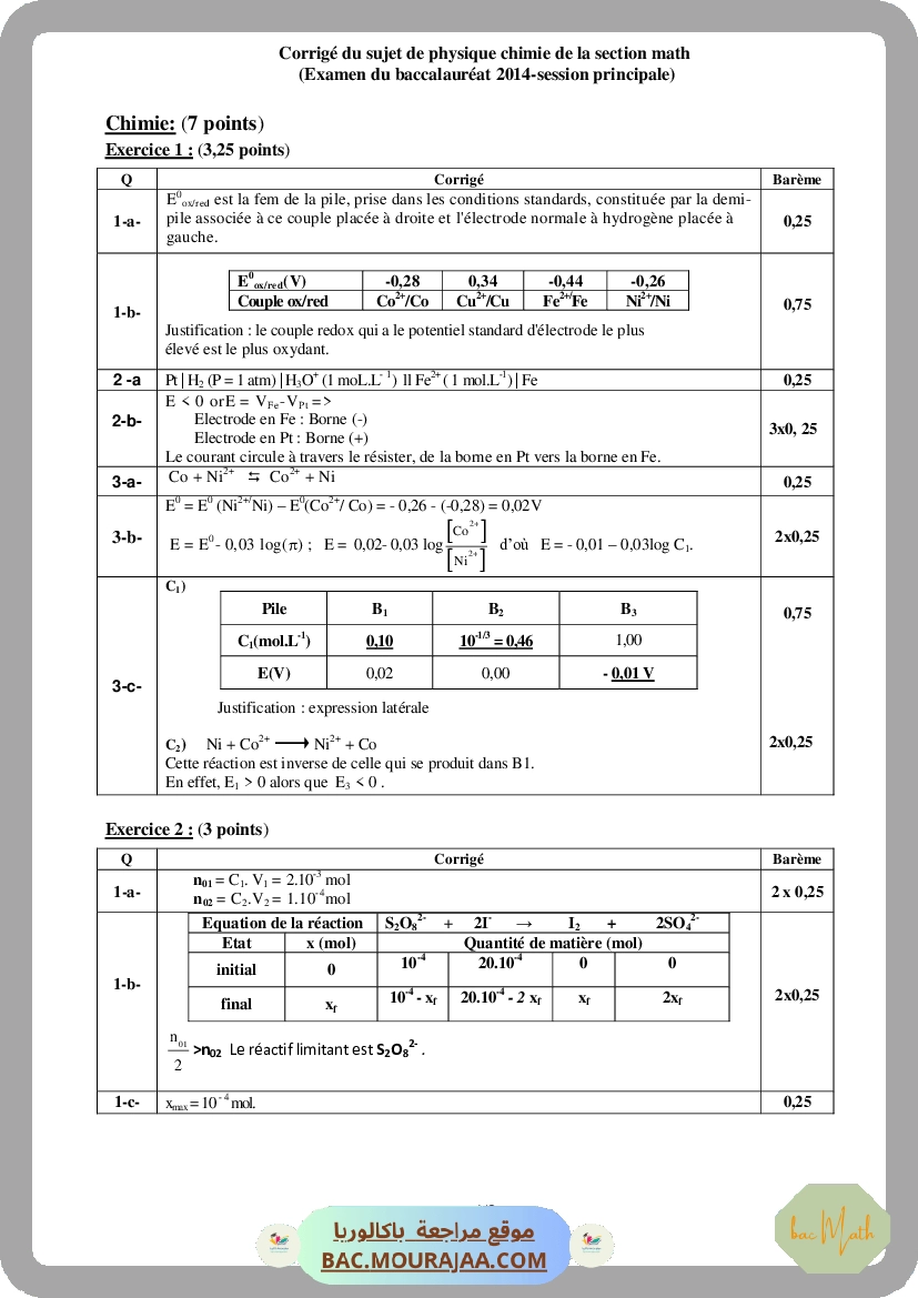 Corrigé principale physique Bac 2014 – Section math